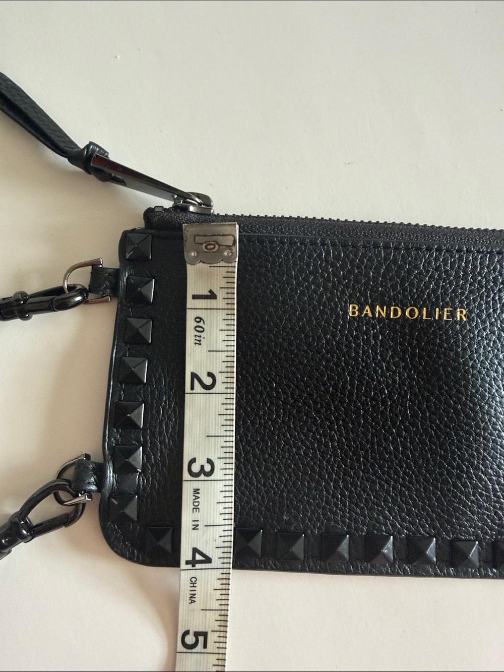 Bandolier Sarah Black Pebbled Leather Studded Crossbody Zip Pouch Wallet - Picture 6 of 7